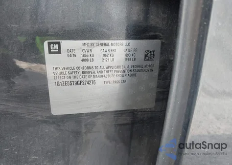 2016 Chevrolet Malibu 1Lt из США, поврежденный, VIN 1G1ZE5ST9GF274276